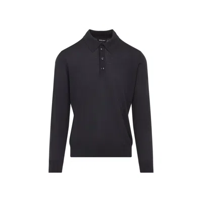 Giorgio Armani Dark Grey Wool Sweater With Polo Collar In Black