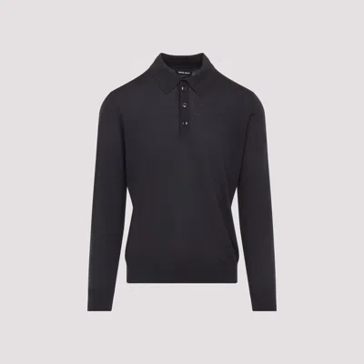 Giorgio Armani Dark Grey Wool Sweater With Polo Collar In Black