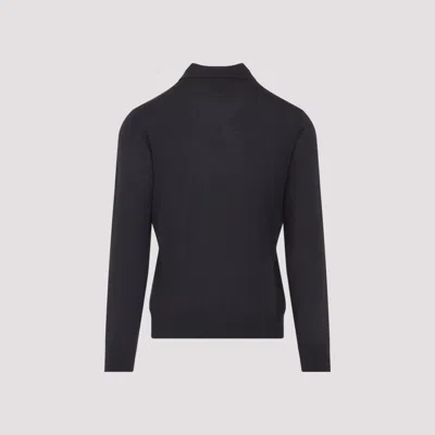 Giorgio Armani Dark Grey Wool Sweater With Polo Collar In Black