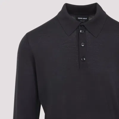 Giorgio Armani Dark Grey Wool Sweater With Polo Collar In Black