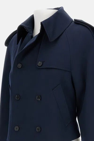 Alexander Mcqueen Wool Trench Coat Cropped Length In Blue