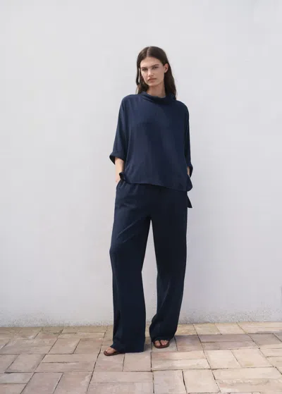 Mango Straight-fit Trousers With Elastic Waist Dark Navy