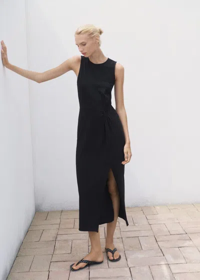 Mango Gathered Cotton Midi Dress Black In Black