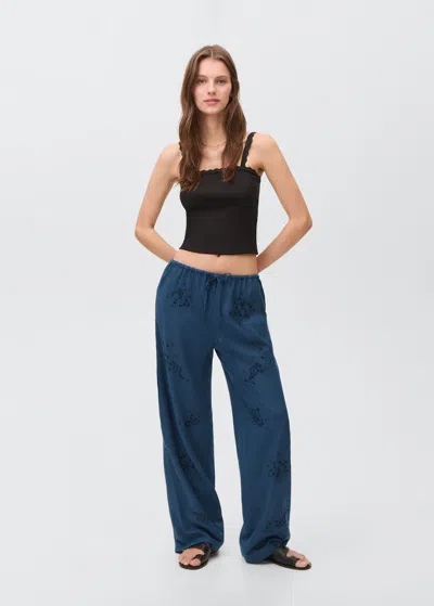 Mango Teen Beaded Embroidered Trousers Navy