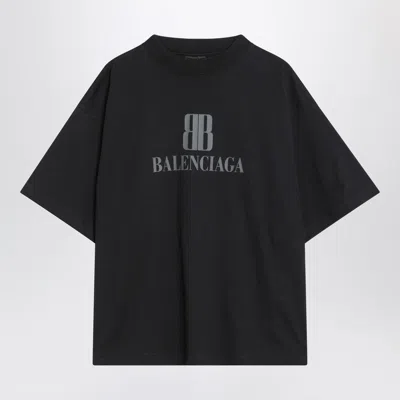 Balenciaga Faded Black T-shirt With Central Print And Wide Fit. In Blue