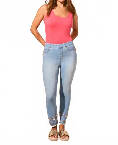 Tribal Audrey Pull-on Slim Ankle Jeans With Embroidery In Vivid Blue In Blue