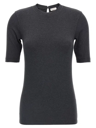 Brunello Cucinelli Ribbed Texture Keyhole Back Short Sleeves Top In Gray