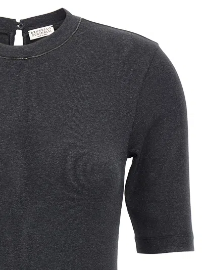 Brunello Cucinelli Ribbed Texture Keyhole Back Short Sleeves Top In Gray