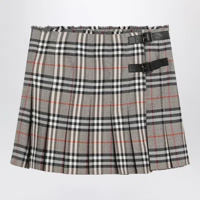 Burberry Grey Wool Kilt Skirt With Check Pattern Women In Gray
