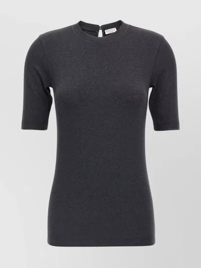 Brunello Cucinelli Ribbed Texture Keyhole Back Short Sleeves Top In Gray
