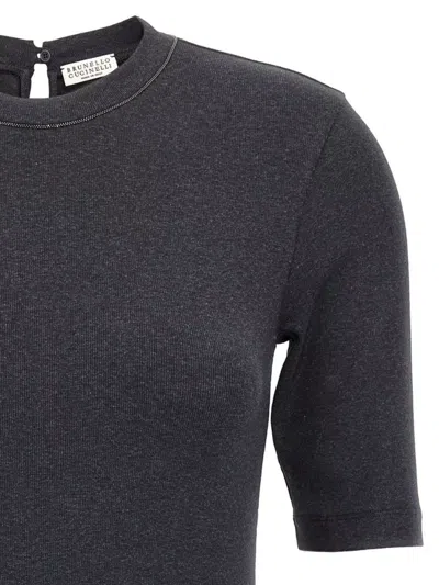 Brunello Cucinelli Ribbed Texture Keyhole Back Short Sleeves Top In Gray