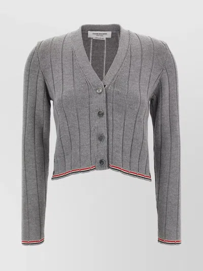 Thom Browne Ladder Full Needle Rib Stitch V Neck Car In Gray