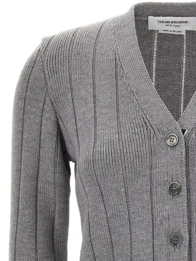 Thom Browne Ladder Full Needle Rib Stitch V Neck Car In Gray