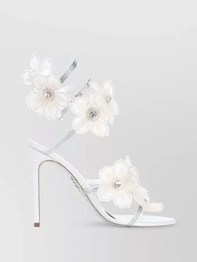 René Caovilla Leather Floral Embroidered Crystal Sandals In White