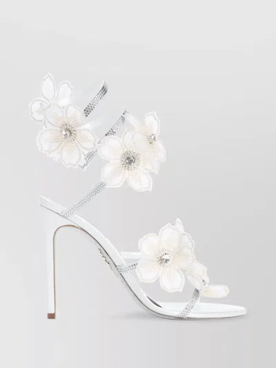 René Caovilla Leather Floral Embroidered Crystal Sandals In White