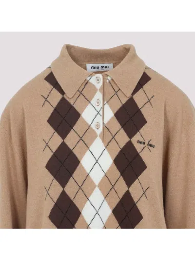 Miu Miu Argyle Pattern Cashmere Polo Pullover In Neutral