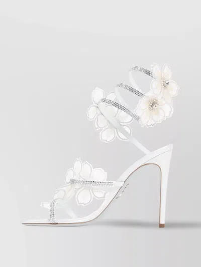 René Caovilla Leather Floral Embroidered Crystal Sandals In White