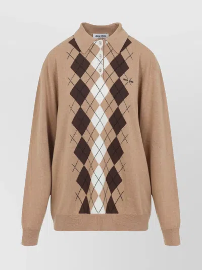 Miu Miu Argyle Pattern Cashmere Polo Pullover In Neutral