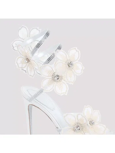 René Caovilla Leather Floral Embroidered Crystal Sandals In White