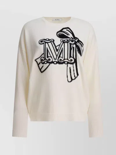 Max Mara Crew Neck Wool Cashmere Sweater With Graphic Detail In White