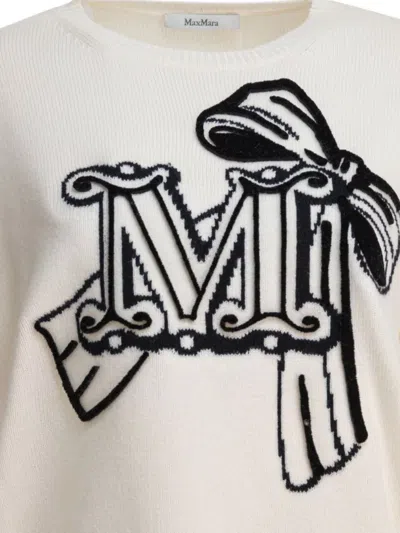 Max Mara Crew Neck Wool Cashmere Sweater With Graphic Detail In White