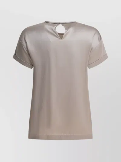 Brunello Cucinelli Keyhole Back Round Neck Satin Finish Tops In Neutral
