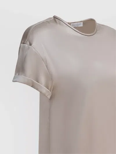 Brunello Cucinelli Keyhole Back Round Neck Satin Finish Tops In Neutral