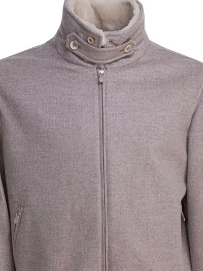 Brunello Cucinelli High Collar Ribbed Hem Button Side Pockets In Gray