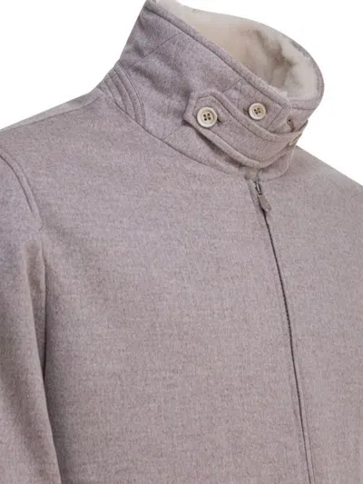 Brunello Cucinelli High Collar Ribbed Hem Button Side Pockets In Gray