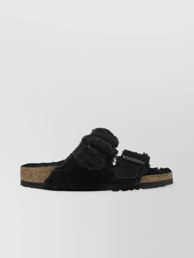 Birkenstock Arizona Shearling Slides With Large Buckle In Black
