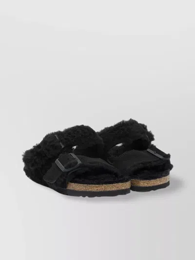 Birkenstock Arizona Shearling Slides With Large Buckle In Black