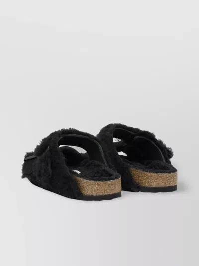 Birkenstock Arizona Shearling Slides With Large Buckle In Black