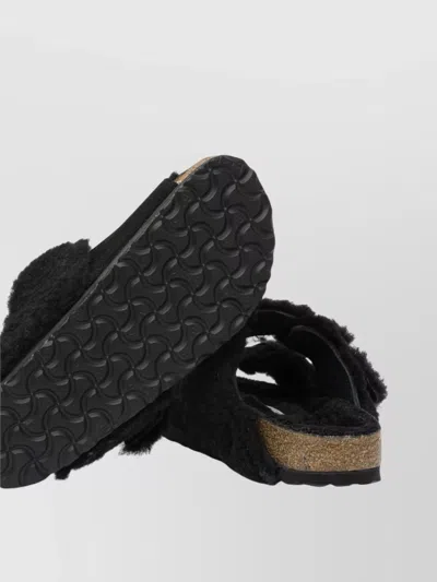 Birkenstock Arizona Shearling Slides With Large Buckle In Black