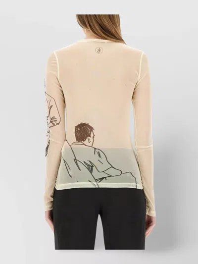 Jw Anderson Sheer Graphic Print Top With Long Sleeves In Neutral