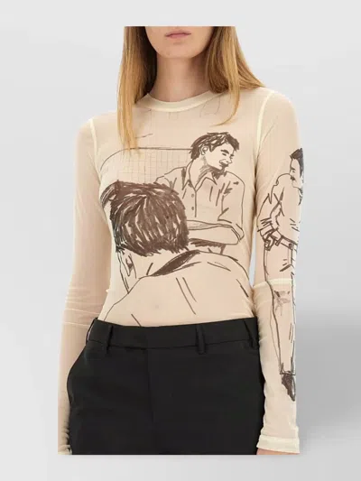 Jw Anderson Sheer Graphic Print Top With Long Sleeves In Neutral