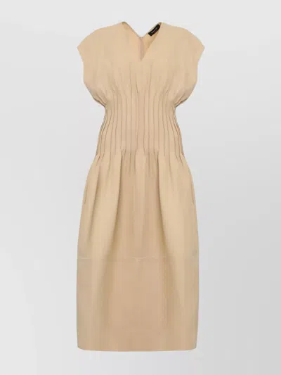 Fabiana Filippi Linen Dress With Gathered Waistline And V-neckline In Neutral