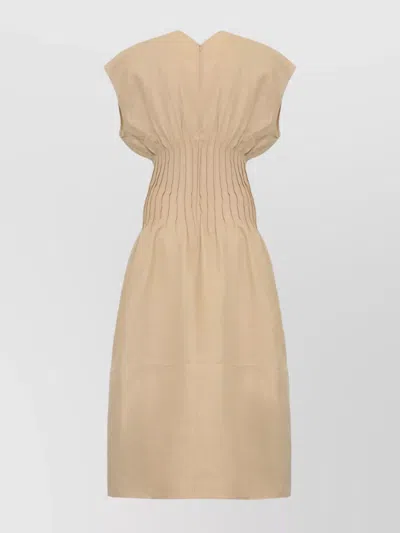 Fabiana Filippi Linen Dress With Gathered Waistline And V-neckline In Neutral