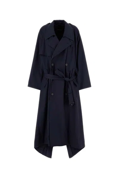 Balenciaga Women Navy Blue Cotton Oversize Trench Coat In Blue
