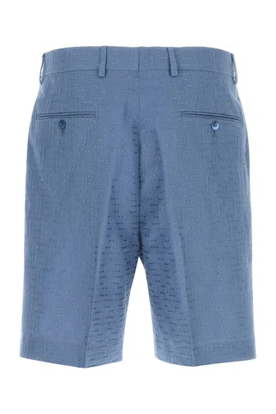Fendi Linen Bermuda With Jacquard Trousers Light Blue In Blue