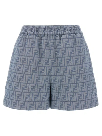 Fendi Embroidered Chambray Shorts With All-over Pattern In Blue