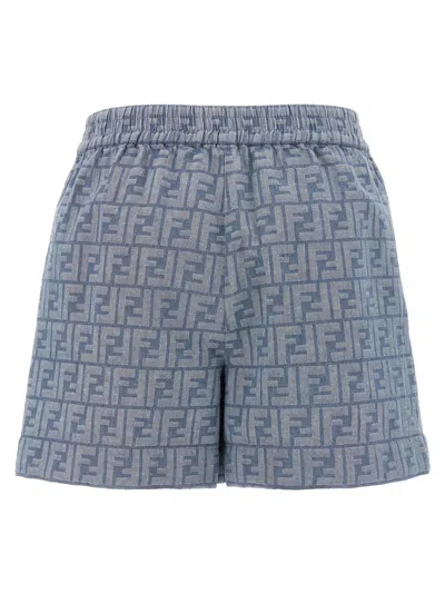 Fendi Embroidered Chambray Shorts With All-over Pattern In Blue