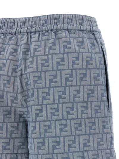 Fendi Embroidered Chambray Shorts With All-over Pattern In Blue