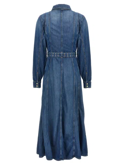 Ganni Blue Long Dress With Adjustable And Removable Waist Belt In Cotton Blend Woman