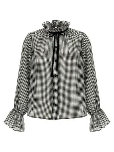Ganni Vichy Print Shirt With Ruffled Collar In Gray