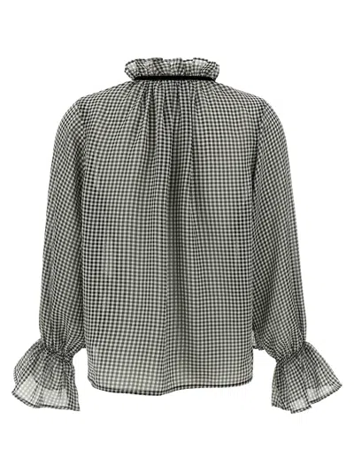 Ganni Vichy Print Shirt With Ruffled Collar In Gray