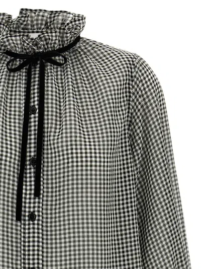 Ganni Vichy Print Shirt With Ruffled Collar In Gray