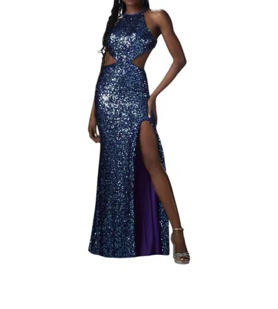 Morilee Sleeveless Halter High Neck Gown In Razzle In Blue