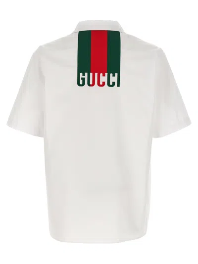 Gucci White Bowling Shirt With Web Detail On The Front And Maxi Web Print With Logo Lettering On The In White
