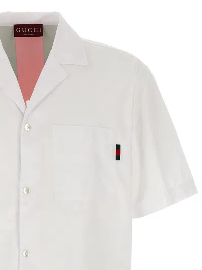 Gucci White Bowling Shirt With Web Detail On The Front And Maxi Web Print With Logo Lettering On The In White