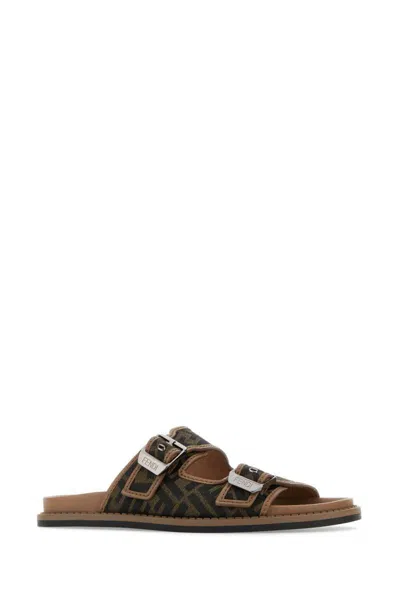 Fendi Canvas Feel Slippers With Adjustable Straps And Ff Motif Embroidery